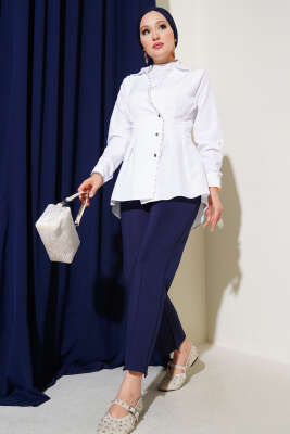 Pazarium - İnci Detaylı Belden Pileli Gömlek Beyaz