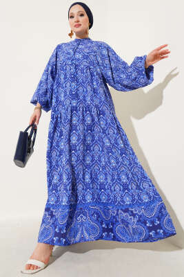 Pazarium - Önü Yarım Düğmeli Desenli Kat Elbise Lacivert