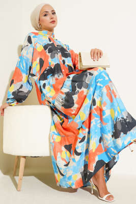 Pazarium - Patlı Desenli Elbise Mavi