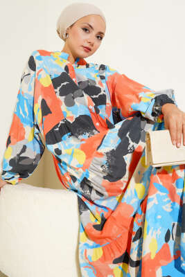 Patlı Desenli Elbise Mavi - Thumbnail