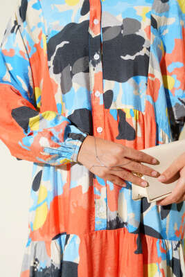 Patlı Desenli Elbise Mavi - Thumbnail