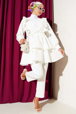 Pazarium - Fırfırlı İp Kuşaklı Tunik İkili Takım Beyaz