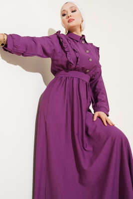 Pazarium - Önü Fırfır Detaylı Kuşaklı Elbise Magenta
