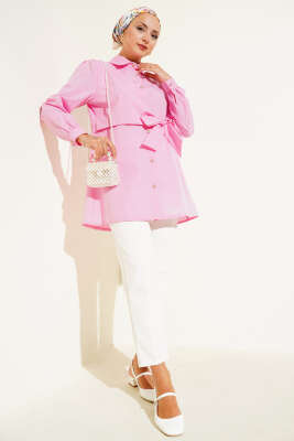 Düğmeli Yandan Bağlamalı Gömlek Pembe - Thumbnail