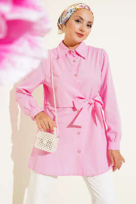 Düğmeli Yandan Bağlamalı Gömlek Pembe - Thumbnail