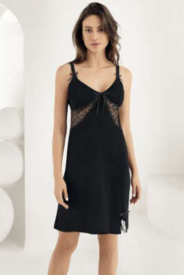 Pazarium - Şahinler Transparan Detaylı Gecelik Siyah