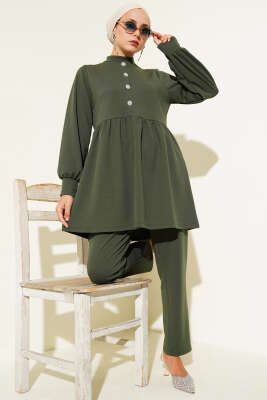 Pazarium - Taş Düğme Detaylı İkili Takım Haki