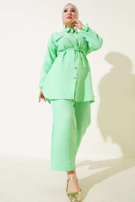 Pazarium - Metal Düğmeli Müslin İkili Takım Yeşil