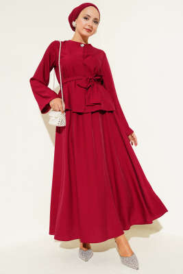 Pazarium - Belden Bağlamalı Etekli İkili Takım Bordo