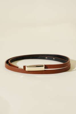 Pazarium - Metal Dikdörtgen Tokalı İnce Kemer Taba