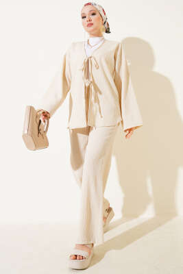 Pazarium - Bürümcük Önü İp Bağcıklı İkili Takım Bej