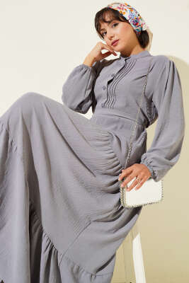 Pazarium - Yarım Piliseli Düğmeli Elbise Gri