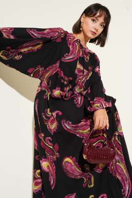 Pazarium - Yarasa Kol Bağcıklı Desenli Elbise Bordo