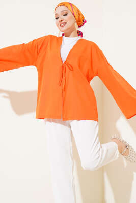 Pazarium - Önden Bağlama Detaylı Terikoton Kimono Oranj