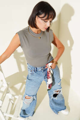 Pazarium - Kolsuz Fitilli Bluz Gri