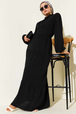 Pazarium - Yarım Piliseli Düğmeli Elbise Siyah