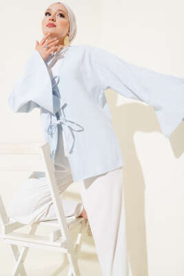 Önü Bağcıklı Geniş Kol Kimono Mavi - Thumbnail