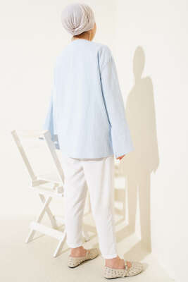 Önü Bağcıklı Geniş Kol Kimono Mavi - Thumbnail