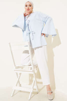 Önü Bağcıklı Geniş Kol Kimono Mavi - Thumbnail