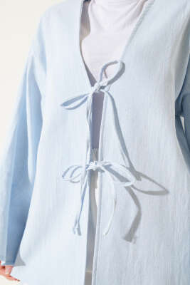 Önü Bağcıklı Geniş Kol Kimono Mavi - Thumbnail