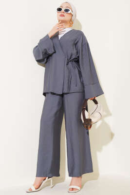 Pazarium - Yandan İp Bağcıklı Kimono İkili Takım Fume