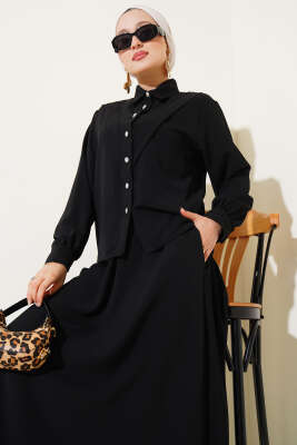 V Dikişli Etekli İkili Takım Siyah - Thumbnail