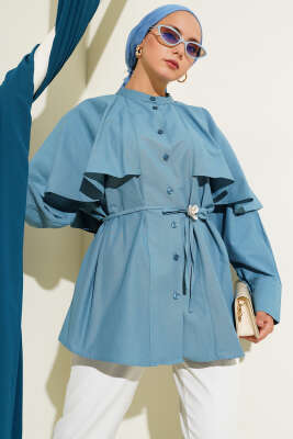 Pazarium - Pelerinli İp Kuşaklı Gömlek Indıgo