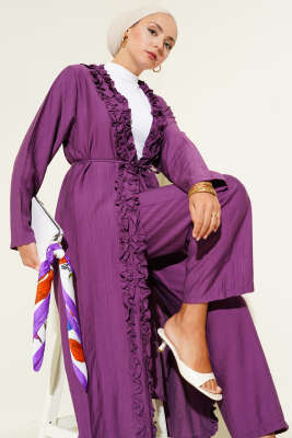 Pazarium - Fırfırlı Uzun Hırkalı İkili Takım Magenta