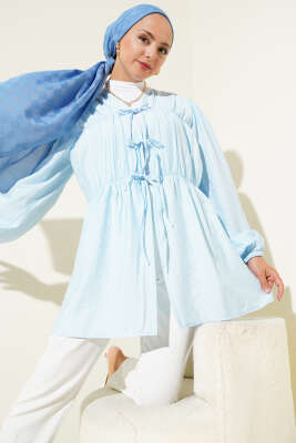 Pazarium - Önü Büzgülü Bilekleri Lastikli Kimono Bebe Mavi
