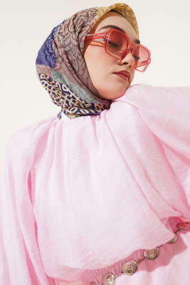 Çiçekli Karışık Desenli Eşarp Gül Kurusu - Thumbnail