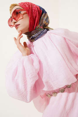 Çiçekli Karışık Desenli Eşarp Gül Kurusu - Thumbnail