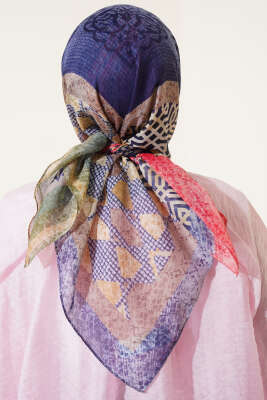 Çiçekli Karışık Desenli Eşarp Gül Kurusu - Thumbnail