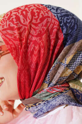 Çiçekli Karışık Desenli Eşarp Gül Kurusu - Thumbnail