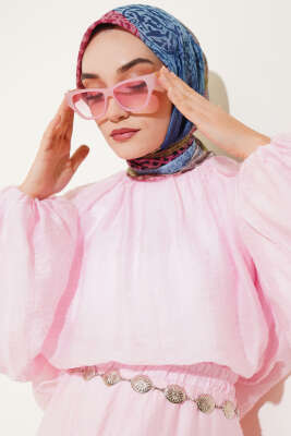 Pazarium - Çiçekli Karışık Desenli Eşarp Mavi