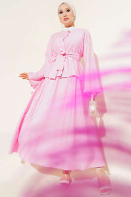 Pazarium - Belden Bağlamalı Etekli İkili Takım Pembe