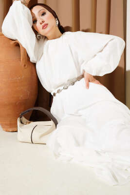 Pazarium - Gümüş Kemerli Etekli İkili Takım Ekru