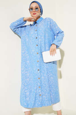 Pazarium - Desenli Tahta Düğmeli Uzun Gömlek Mavi