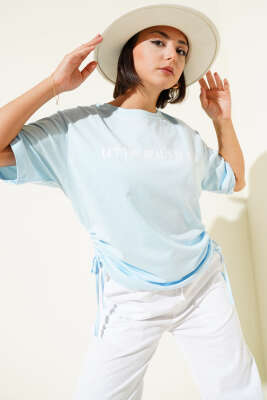 Pazarium - Yanları İp Büzgülü T-shirt Bebe Mavi