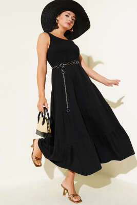 Pazarium - Kolsuz Gipeli Kat Elbise Siyah