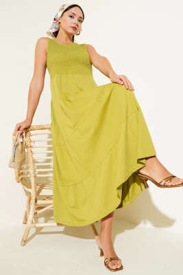 Pazarium - Kolsuz Gipeli Kat Elbise Yağ Yeşili