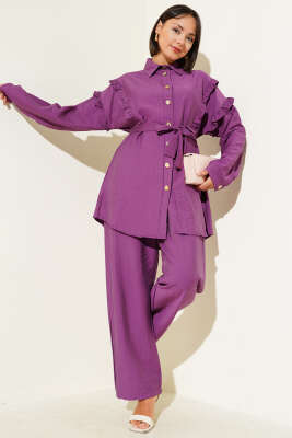 Pazarium - Gold Düğmeli Yaka Fırfırlı İkili Takım Magenta