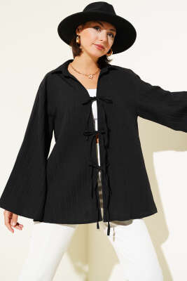 Pazarium - Çizgi Kabartmalı Önden Bağlamalı Kimono Siyah