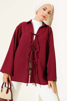 Pazarium - Çizgi Kabartmalı Önden Bağlamalı Kimono Bordo