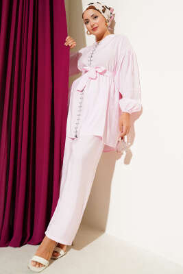 Pazarium - Fermuarlı Taş Detaylı İkili Takım Pembe