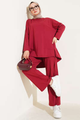 Pazarium - İp Bağcık Detaylı Basic İkili Takım Bordo