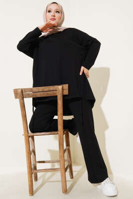 Pazarium - İp Bağcık Detaylı Basic İkili Takım Siyah