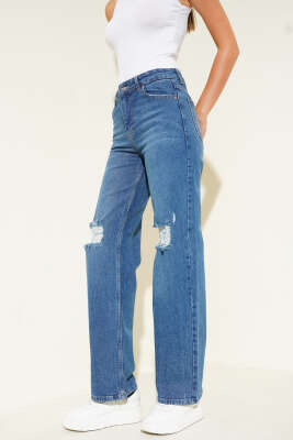 Pazarium - Diz Lazerli Kot Pantolon Mavi