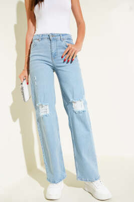 Pazarium - Diz Lazerli Kot Pantolon Açık Mavi