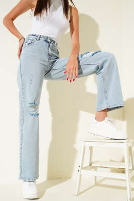 Pazarium - Diz Lazerli Kot Pantolon Açık Kar