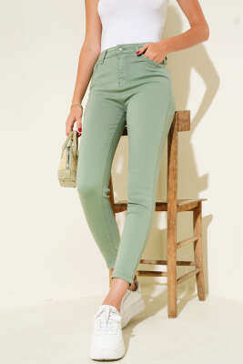 Pazarium - Yüksek Bel Dar Pantolon Mint Yeşili